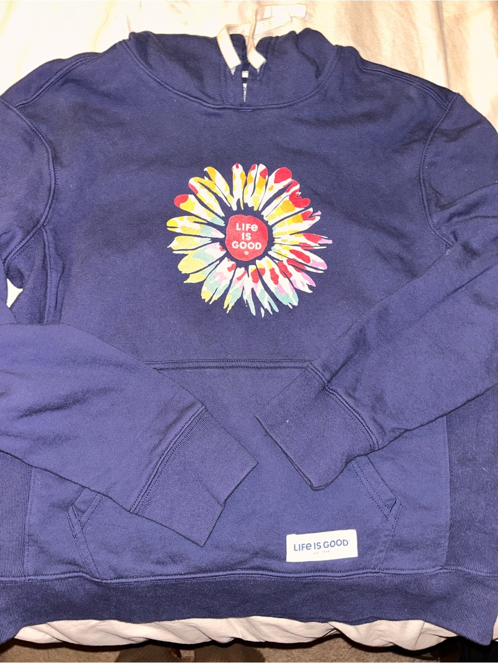Life Is Good Navy Pullover Hoodie with Tan Logo Patch